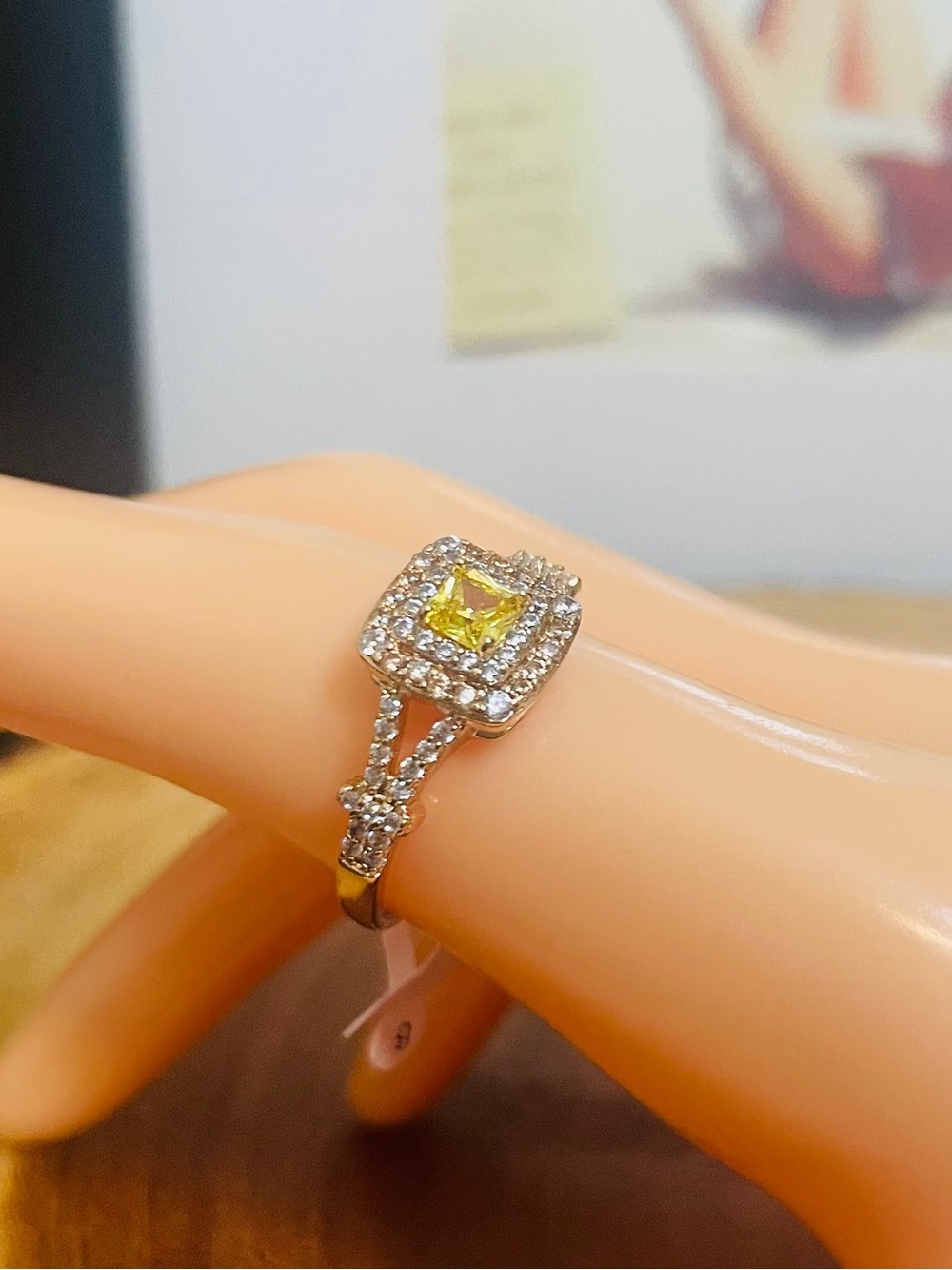 Yellow Citrine CZ Square Cut Double Halo Rose Gold Filled Ring Size 8
